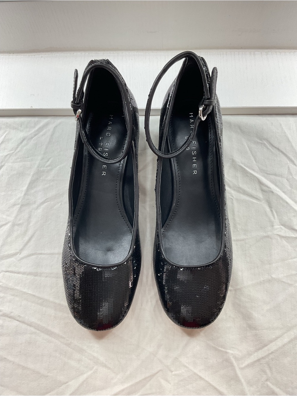 Marc Fisher Parri Black Sequin Ankle-Strap Heels Shimmer Glam Holiday Party